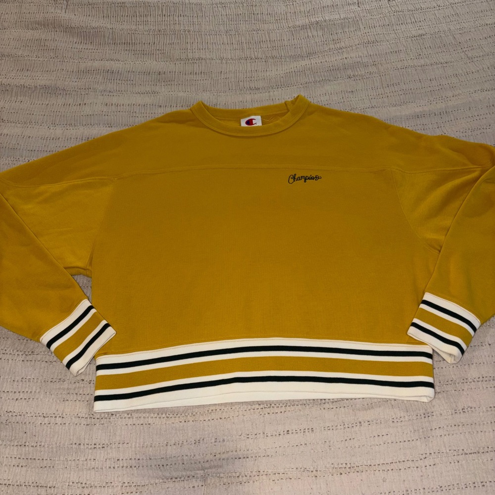 Champion Womens Mustard Yellow Script Logo Striped Trim Sweatshirt Medium